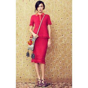 Tory Burch Brielle Womens Crochet Knit Fringe Hem Midi Skirt Pink Magenta Sz M